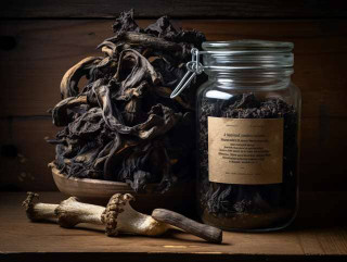a glass jar filled with dried black trumpet mushrooms, sealed tightly with a label indicating the date of storage