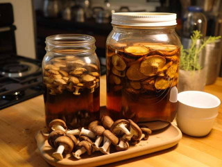 a glass jar filled with dried mushrooms submerged in alcohol, surrounded by a steaming water bath and a dropper bottle ready for the final product