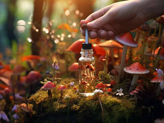 a hand holding a dropper filled with mushroom tincture, hovering over a glass of water, surrounded by various medicinal mushrooms