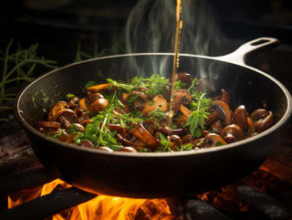 a skilled chef gently sautéing black trumpet mushrooms in a sizzling pan, releasing their earthy aroma. The mushrooms are beautifully golden brown, complementing the vibrant green herbs sprinkled on top