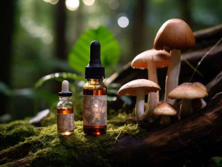 A small dropper bottle of mushroom tincture complements the scene, surrounded by a radiant aura symbolizing holistic wellness