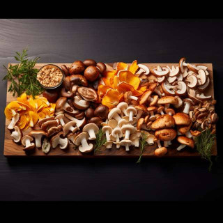 a variety of vibrant mushrooms, including safe ones like shiitake, oyster, and maitake, enticingly arranged on a wooden cutting board