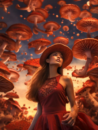 A woman radiating vitality, surrounded by Reishi mushrooms in various forms (powder, capsules, teas)