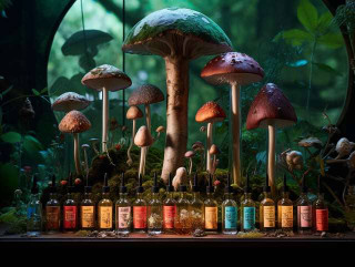 an array of medicinal mushrooms, a dropper bottle filled with tincture, and micro-illustrations of bioactive compounds floating around