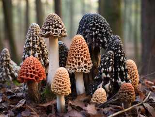 An array of various Morel mushroom species and their similar look-alikes arranged side by side in a forest setting