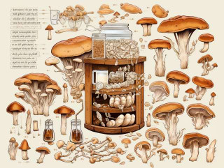An illustration showing a step-by-step process of making medicinal mushroom tincture, including harvesting mushrooms, chopping, soaking in alcohol, and straining