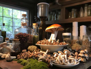 array of medicinal mushrooms, a mortar and pestle, glass dropper bottles, and a simmering pot, symbolizing different methods of making mushroom tinctures