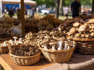 Basket of fresh morel mushrooms at a farmers market with various stalls showcasing diverse mushrooms in the backdrop