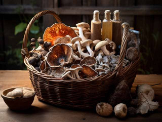 diverse array of medicinal mushroom species, such as Reishi, Chaga, Lion's Mane, and Turkey Tail, beautifully arranged together in a rustic wooden basket