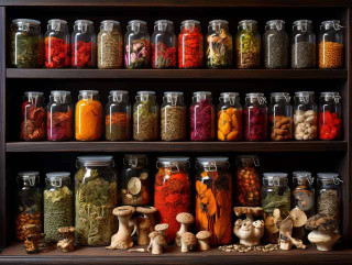 diverse array of medicinal mushrooms commonly used in tinctures, with vibrant colors and intricate textures, symbolizing the culmination of wisdom and healing