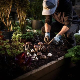 Diverse mushrooms in rich mulch tended by a gloved gardener, using small gardening tools