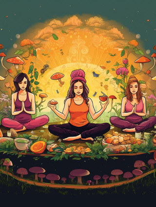 Diverse women in wellness activities surrounded by vibrant mushrooms; yoga, meditation, cooking, nature; health impact