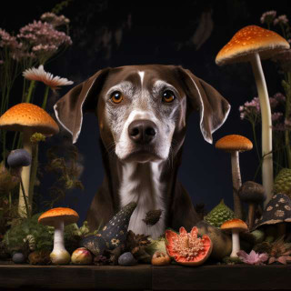 Dog at a table with Oyster Mushrooms and Portabello, showcasing Health Benefits of Medicinal Mushrooms for Dogs and Cats