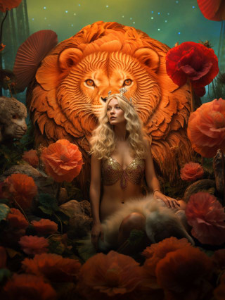 Forest scene, lioness amidst lion's mane mushrooms; symbolizes empowering women's health