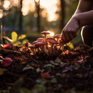 Fully grown mushrooms in dark mulch harvested gently at dawn, using proper technique