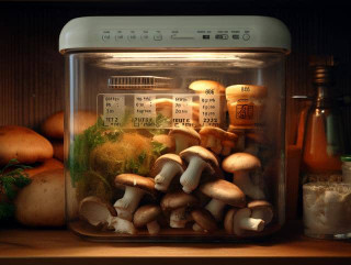 Glass container storing fresh morel mushrooms in a refrigerator with humidity control on low, surrounded by other vegetables