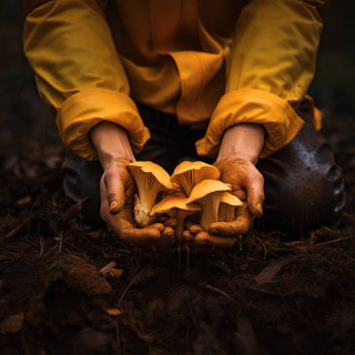 Gloved hands gently pluck mature oyster mushrooms from rich mulch bed, showcasing delicate gills underneath