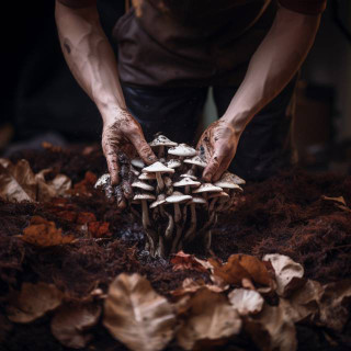 Hands gently sprinkle mushroom spawn on dark mulch, mycelium network forms the basis for future growth