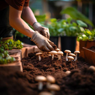 Hands placing mushroom spawn into nutrient-rich mulch with various mushroom types and tools in the background