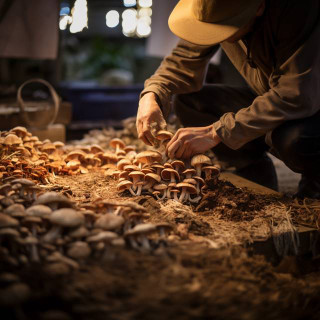 Intricate mushroom cultivation in mulch, mycelium threads spread as mushrooms emerge, creating a successful growth process