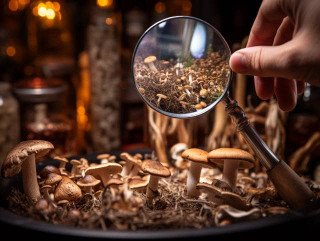 Journey of Morel mushrooms from identification with a magnifying glass to becoming a gourmet dish in a high-end restaurant