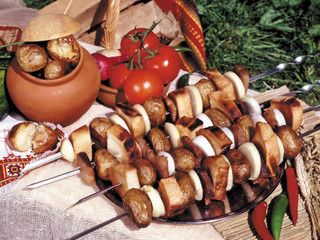 "Grilled Lion's Mane Mushroom and Veggie Skewers on a Plate."