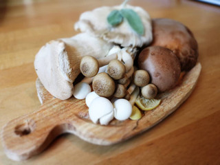 Assorted mushrooms on a wooden cutting board - lions mane, button mushrooms, shiitake mushrooms, oyster mushrooms, and portobello mushrooms