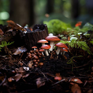 Lush mushrooms flourish in dark mulch, showcasing the symbiotic relationship between fungi and mulch