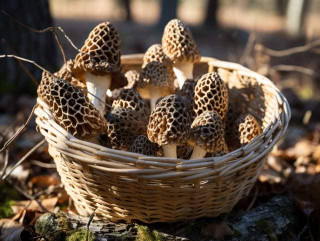 Basket of fresh morel mushrooms at a farmers market with various stalls showcasing diverse mushrooms in the backdrop