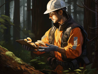 person using a magnifying glass to inspect a morel mushroom in a forest, wearing gloves and a safety vest, with a guidebook