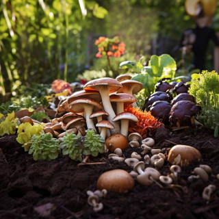 Thriving mushrooms in diverse species amid nutrient-rich mulch, growing strongly in dark soil