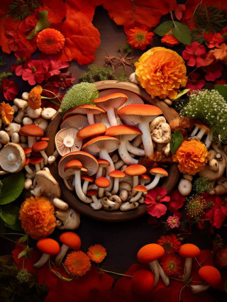 Wooden board with diverse mushrooms, including shiitake, reishi, lion's mane; showcasing shapes, colors