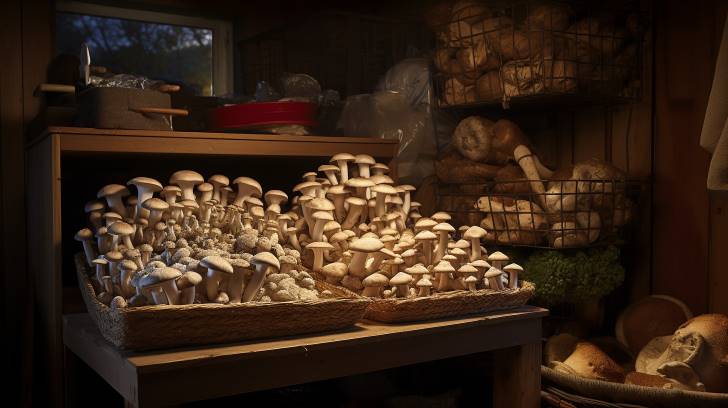 a basket of freshly harvested mushrooms in a cool, dark cellar with shelves lined with airtight containers