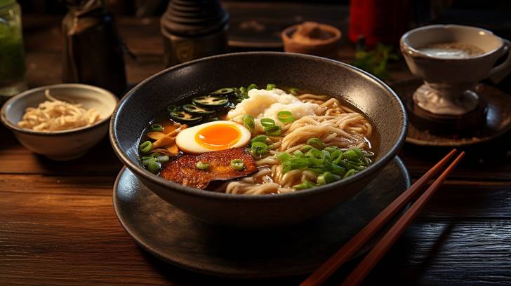 A bowl of ramen with king trumpet mushrooms, soft-boiled egg, green onions, and bamboo shoots