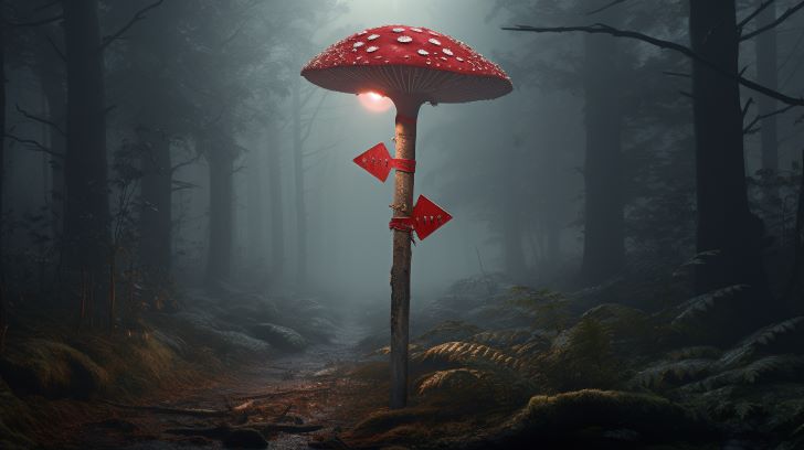 Amanita Muscaria mushroom at a crossroads sign with symbols representing legality on each signpost