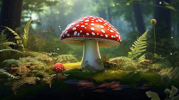 Amanita Muscaria mushroom with its iconic red cap and white spots, amidst a lush forest floor