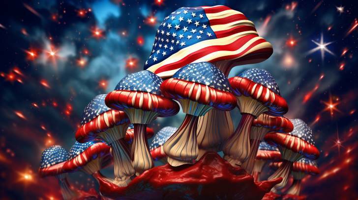 brain-shaped cluster of vibrant psilocybin mushrooms against a backdrop of the American flag