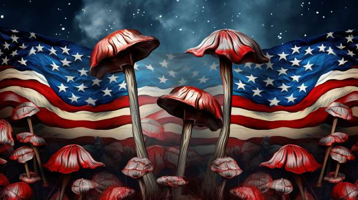 cluster of psilocybin mushrooms against an American flag backdrop symbolizing the psychedelic renaissance