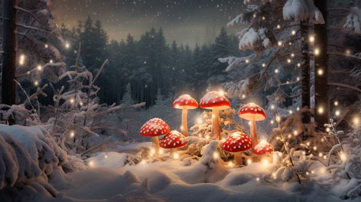 cluster of vibrant red-and-white Amanita muscaria mushrooms nestled among snow-dusted pine branches