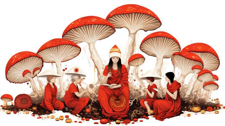 diverse group of people from different cultures, sharing stories in a circle, with Amanita Muscaria mushrooms