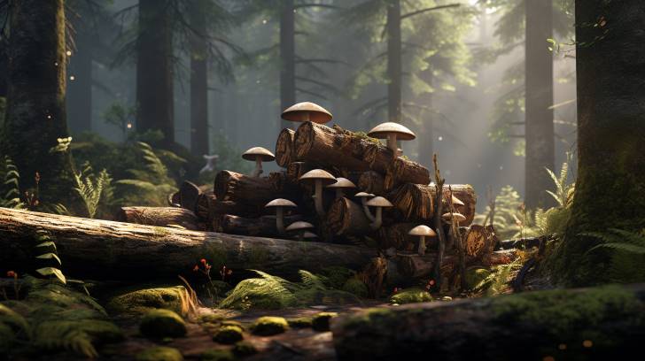 durable wood logs like oak, maple, and beech, with clusters of healthy mushrooms