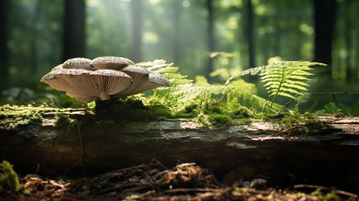 healthy oyster mushrooms flourishing on a textured oak log