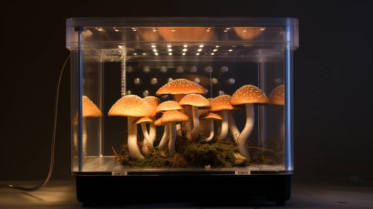 mushroom monotub fruiting chamber filled with mushroom substrate, a transparent lid revealing condensation, placed in a dimly lit room, with a hygrometer and thermometer