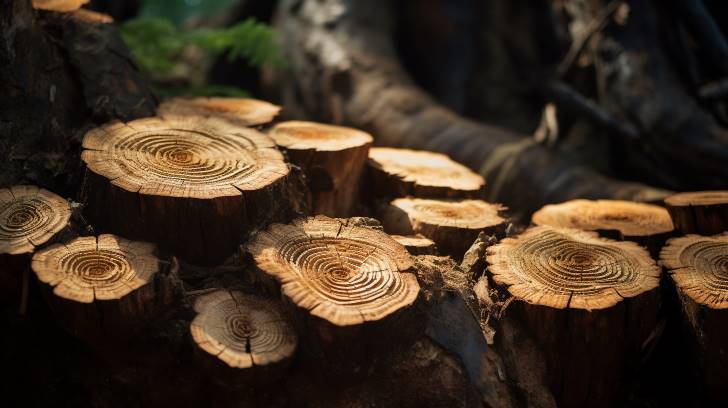 oak logs with distinct rings, nestled in a forest