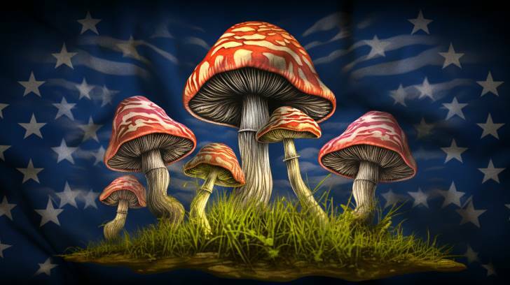 psilocybin mushrooms on an American flag backdrop with a medical caduceus