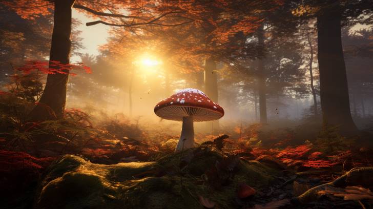 serene forest clearing at sunset, highlighting a single, prominent Amanita Muscaria mushroom