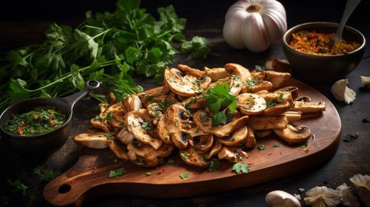 sliced King Trumpet mushrooms arranged to resemble 'steaks' on a cutting board, garnished with herbs