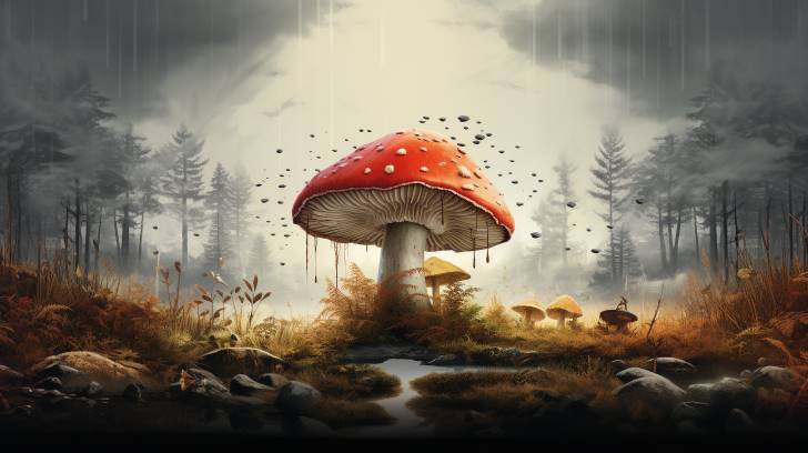 split landscape with one side showing a vibrant Amanita Muscaria in a healthy forest, and the other side depicting a wilted mushroom