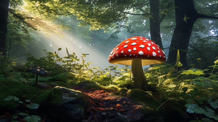 vibrant Amanita muscaria, with its iconic red cap and white spots, nestled in a lush, green forest floor