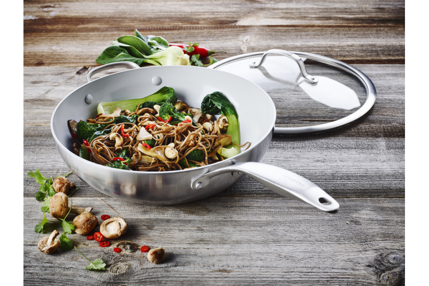 Bella Flame 12 Green Ceramic Coated Nonstick Wok W/ Glass Lid, Pan, Nanotechnology Products